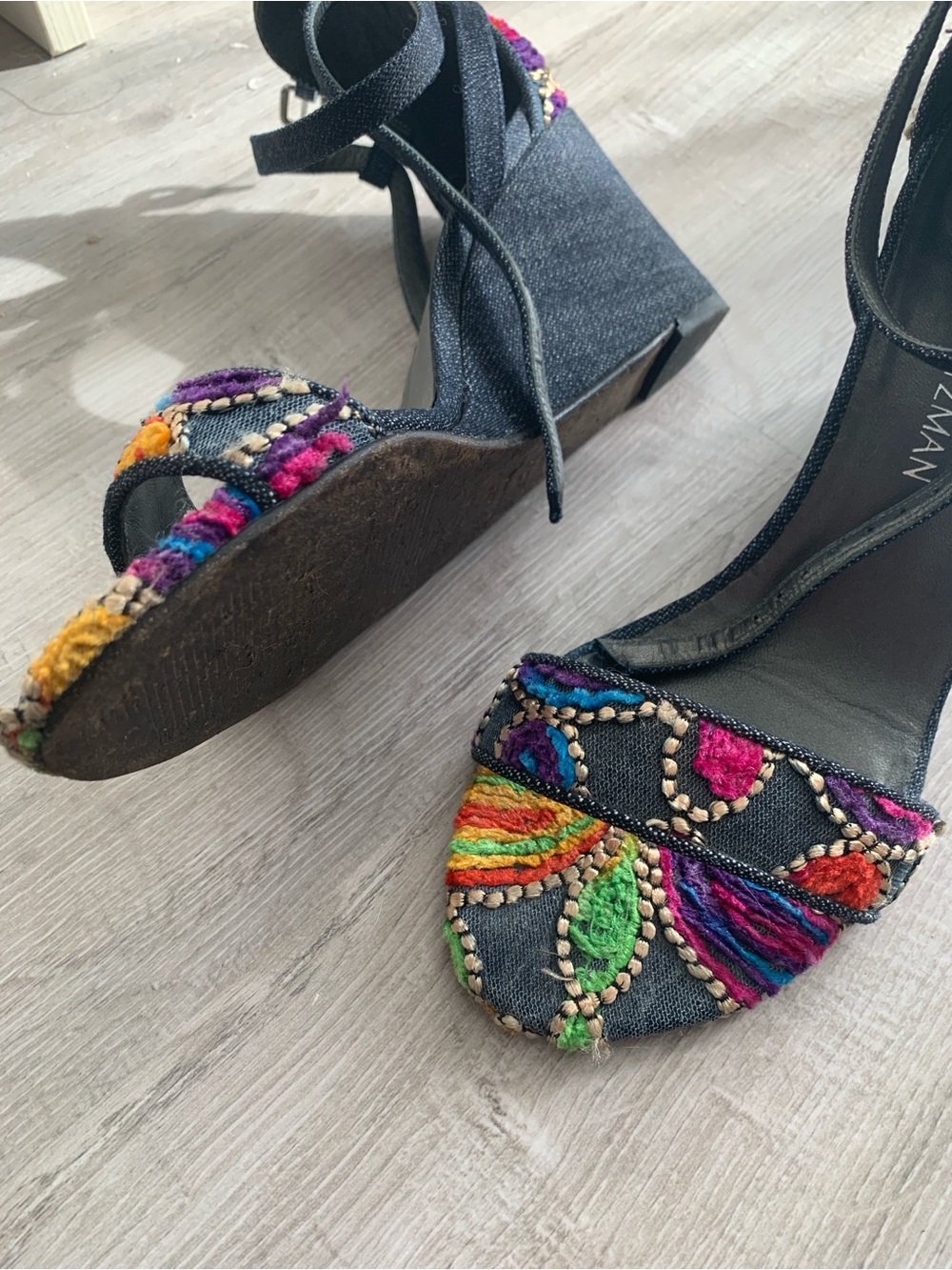 Stuart Weitzman Black Multicolor Embroidered Ankle-Tie Heels - Picture 2 of 7